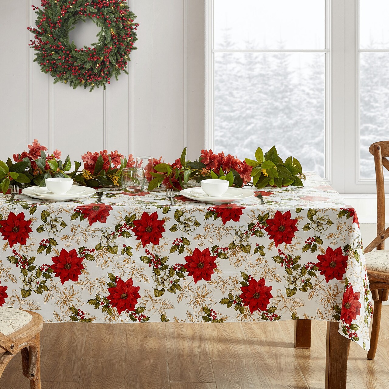 Threadmade Home Poinsettia Grace Vinyl Tablecloth, Multicolor - 52"W x 52"L Square